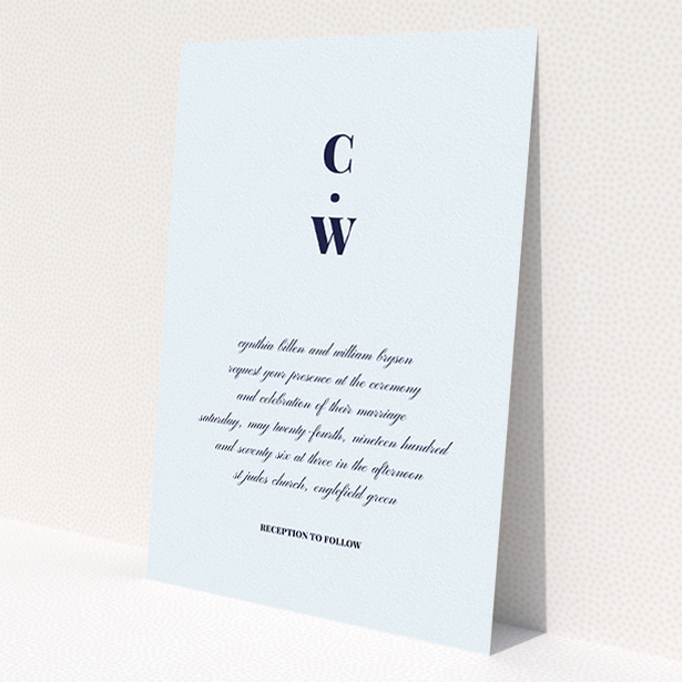 A personalised wedding invite called 'Bullet point'. It is an A5 invite in a portrait orientation. 'Bullet point' is available as a flat invite, with mainly light blue colouring.