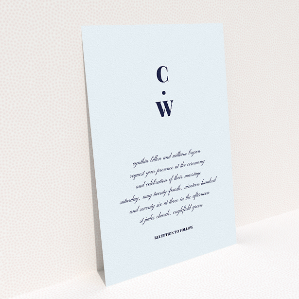 A personalised wedding invite called "Bullet point". It is an A5 invite in a portrait orientation. "Bullet point" is available as a flat invite, with mainly light blue colouring.