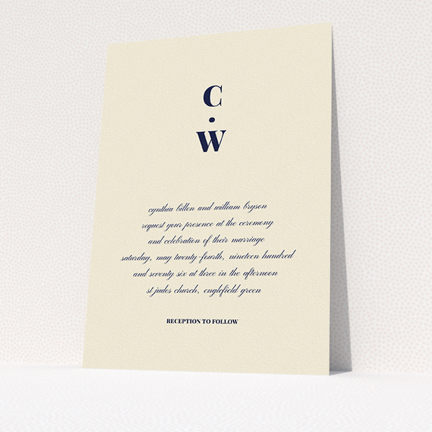 A personalised wedding invite design named "Bullet point". It is an A5 invite in a portrait orientation. "Bullet point" is available as a flat invite, with mainly cream colouring.