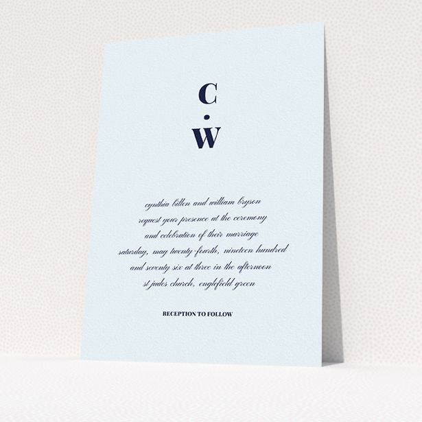 A personalised wedding invite called "Bullet point". It is an A5 invite in a portrait orientation. "Bullet point" is available as a flat invite, with mainly light blue colouring.