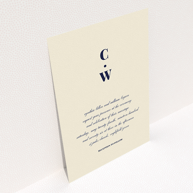 A personalised wedding invite design named "Bullet point". It is an A5 invite in a portrait orientation. "Bullet point" is available as a flat invite, with mainly cream colouring.