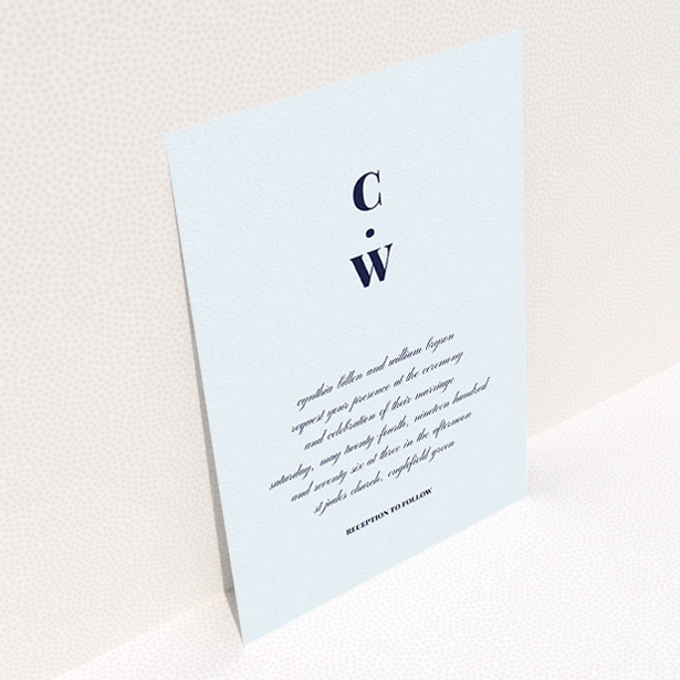A personalised wedding invite called "Bullet point". It is an A5 invite in a portrait orientation. "Bullet point" is available as a flat invite, with mainly light blue colouring.