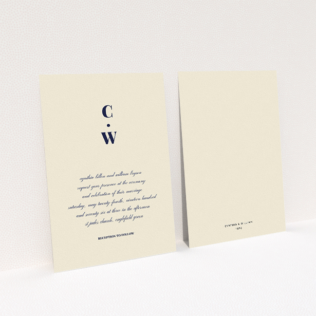 A personalised wedding invite design named "Bullet point". It is an A5 invite in a portrait orientation. "Bullet point" is available as a flat invite, with mainly cream colouring.