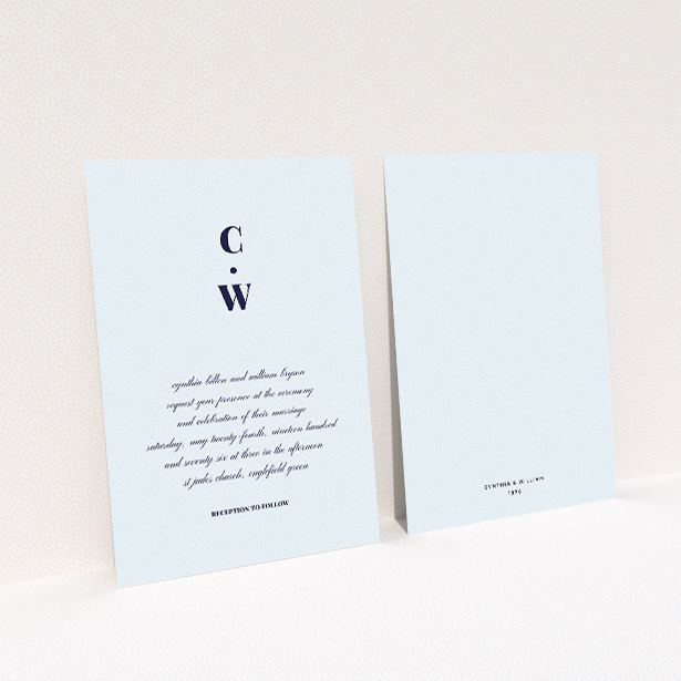 A personalised wedding invite called "Bullet point". It is an A5 invite in a portrait orientation. "Bullet point" is available as a flat invite, with mainly light blue colouring.