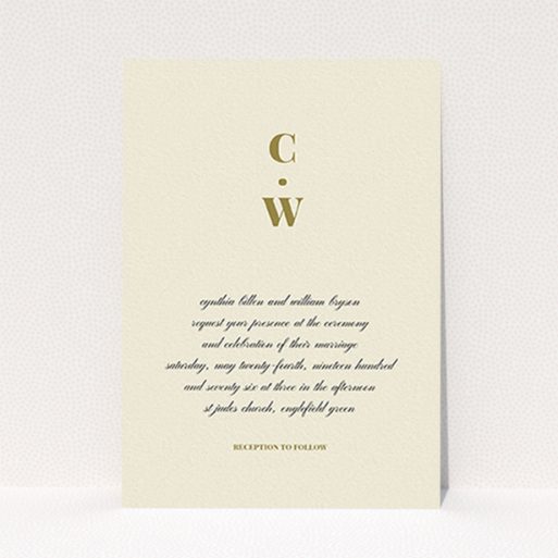 A personalised wedding invite design named "Bullet point". It is an A6 invite in a portrait orientation. "Bullet point" is available as a flat invite, with tones of cream and gold.