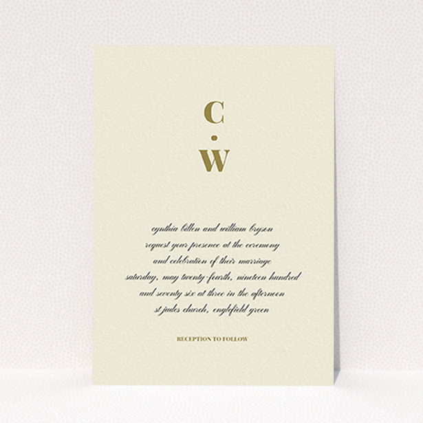 A personalised wedding invite design named "Bullet point". It is an A6 invite in a portrait orientation. "Bullet point" is available as a flat invite, with tones of cream and gold.