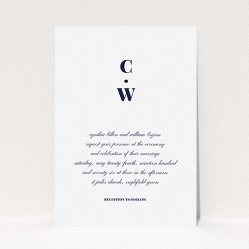 A personalised wedding invite called "Bullet point". It is an A6 invite in a portrait orientation. "Bullet point" is available as a flat invite, with mainly white colouring.