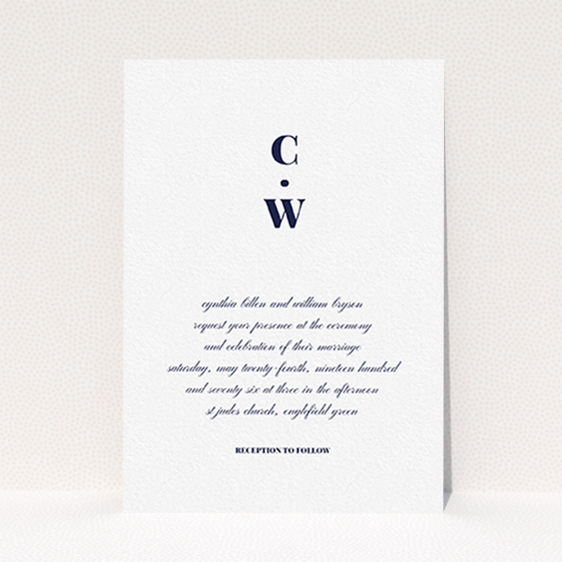 A personalised wedding invite called "Bullet point". It is an A6 invite in a portrait orientation. "Bullet point" is available as a flat invite, with mainly white colouring.