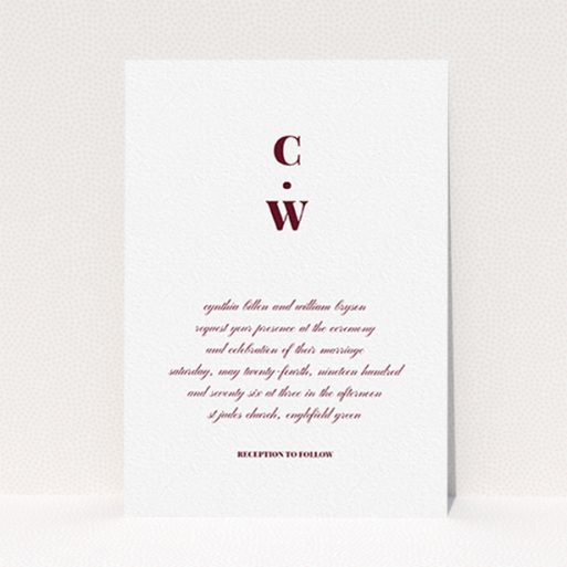 A personalised wedding invite design titled "Bullet point". It is an A6 invite in a portrait orientation. "Bullet point" is available as a flat invite, with tones of white and burgundy.