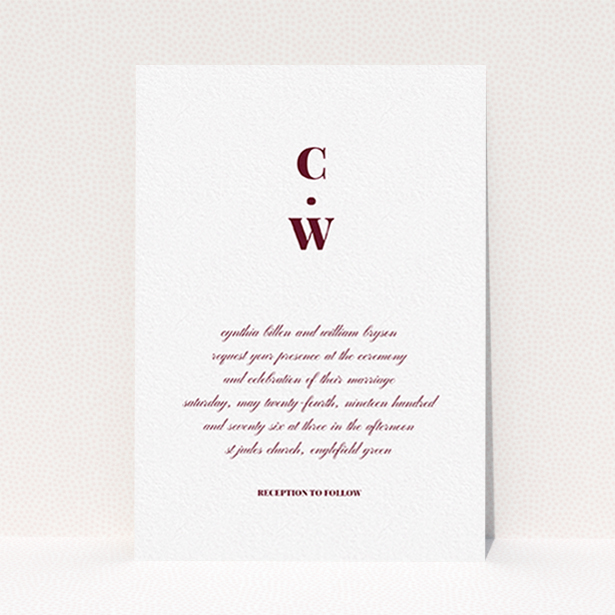 A personalised wedding invite design titled "Bullet point". It is an A6 invite in a portrait orientation. "Bullet point" is available as a flat invite, with tones of white and burgundy.