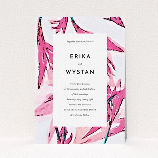A personalised wedding invite design titled "By the river bank". It is an A6 invite in a portrait orientation. "By the river bank" is available as a flat invite, with tones of vibrant pink and green.