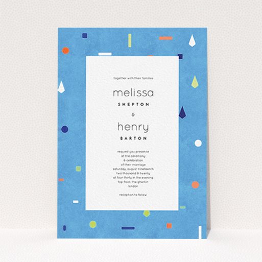 A personalised wedding invite design titled "Capri". It is an A6 invite in a portrait orientation. "Capri" is available as a flat invite, with tones of light blue and orange.
