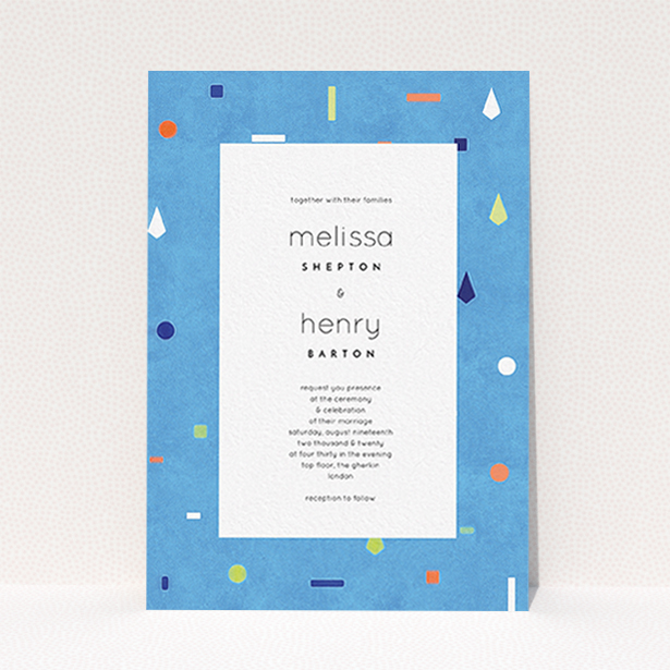 A personalised wedding invite design titled "Capri". It is an A6 invite in a portrait orientation. "Capri" is available as a flat invite, with tones of light blue and orange.
