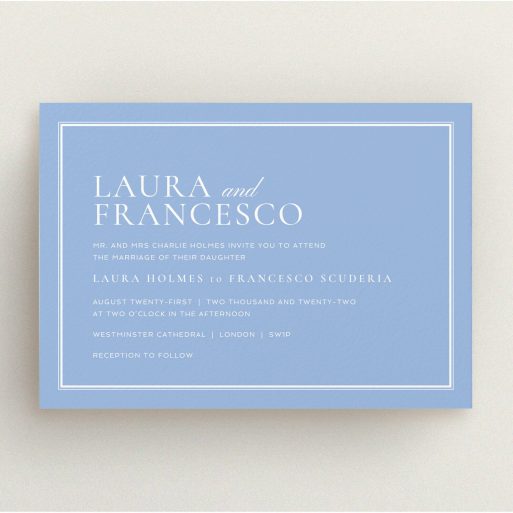 A personalised wedding invite design named "Ceramic". It is an A5 invite in a landscape orientation. "Ceramic" is available as a flat invite, with tones of blue and white.