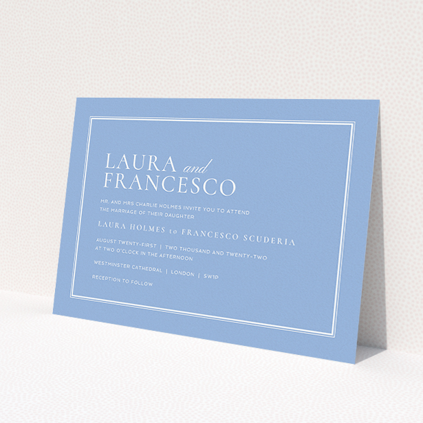 A personalised wedding invite design named 'Ceramic'. It is an A5 invite in a landscape orientation. 'Ceramic' is available as a flat invite, with tones of blue and white.