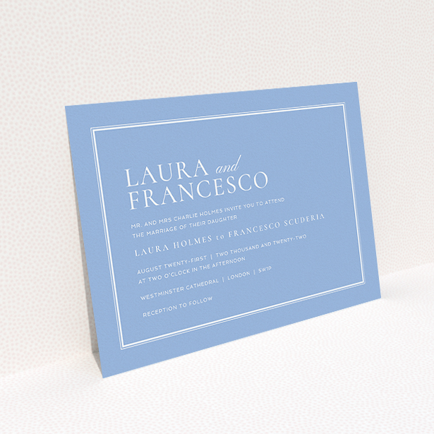 A personalised wedding invite design named "Ceramic". It is an A5 invite in a landscape orientation. "Ceramic" is available as a flat invite, with tones of blue and white.