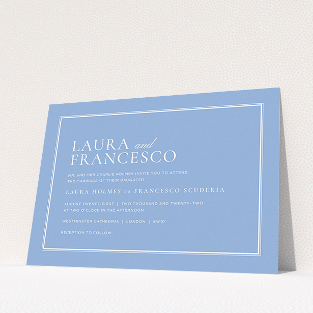 A personalised wedding invite design named "Ceramic". It is an A5 invite in a landscape orientation. "Ceramic" is available as a flat invite, with tones of blue and white.