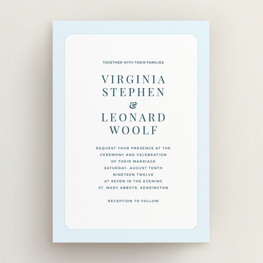 A personalised wedding invite design titled "Classic face". It is an A5 invite in a portrait orientation. "Classic face" is available as a flat invite, with tones of blue and white.