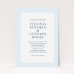 A personalised wedding invite design titled "Classic face". It is an A5 invite in a portrait orientation. "Classic face" is available as a flat invite, with tones of blue and white.