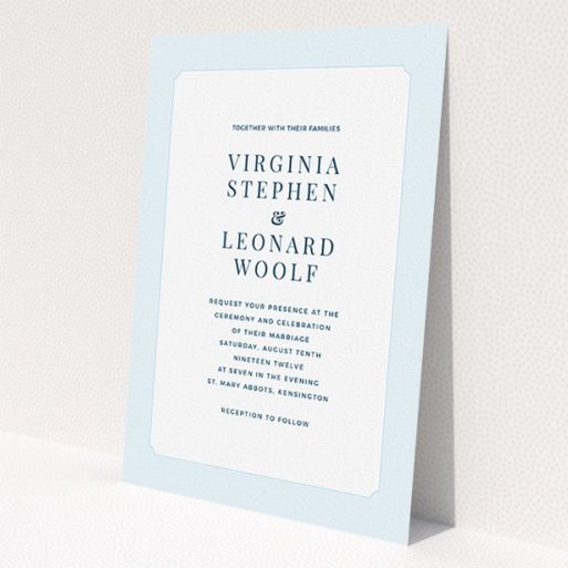 A personalised wedding invite design titled 'Classic face'. It is an A5 invite in a portrait orientation. 'Classic face' is available as a flat invite, with tones of blue and white.