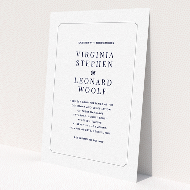 A personalised wedding invite called 'Classic face'. It is an A5 invite in a portrait orientation. 'Classic face' is available as a flat invite, with tones of white and grey.
