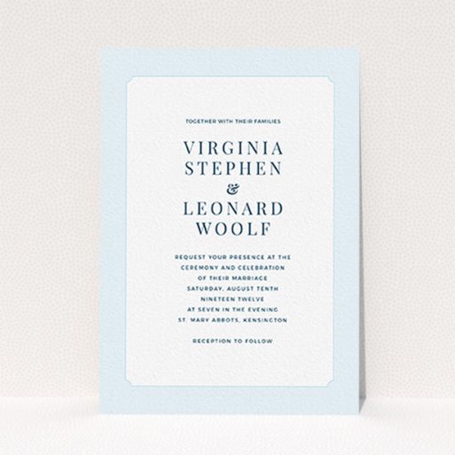 A personalised wedding invite design called "Classic face". It is an A6 invite in a portrait orientation. "Classic face" is available as a flat invite, with tones of blue and white.