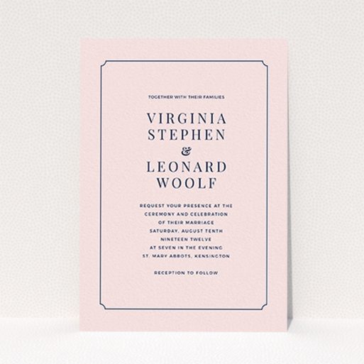 A personalised wedding invite design called "Classic face". It is an A6 invite in a portrait orientation. "Classic face" is available as a flat invite, with mainly pink colouring.