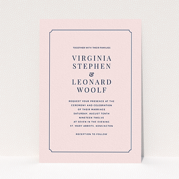A personalised wedding invite design called "Classic face". It is an A6 invite in a portrait orientation. "Classic face" is available as a flat invite, with mainly pink colouring.