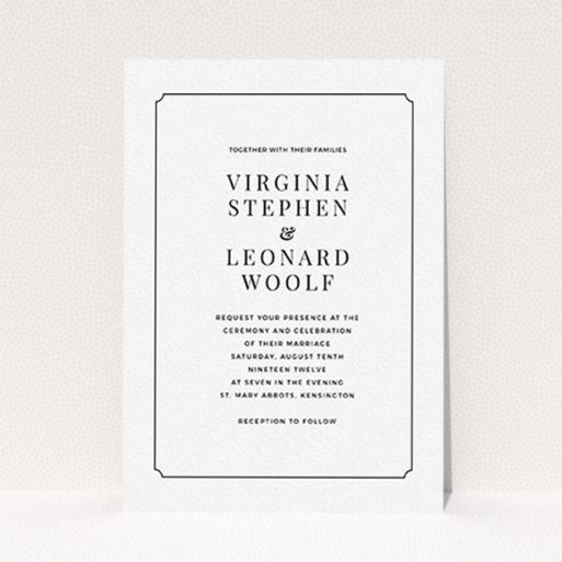 A personalised wedding invite template titled "Classic face". It is an A6 invite in a portrait orientation. "Classic face" is available as a flat invite, with mainly white colouring.