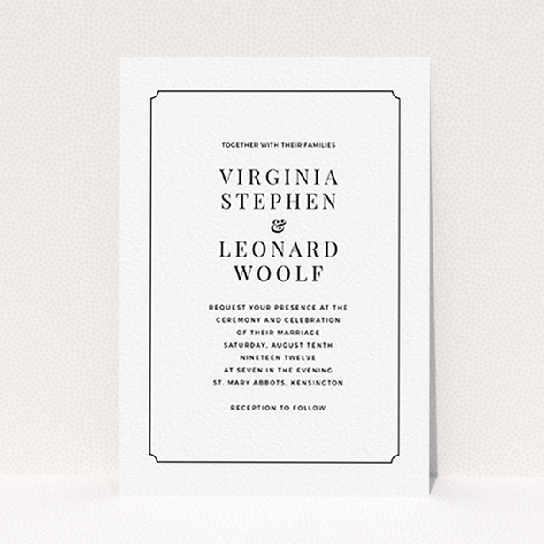 A personalised wedding invite template titled "Classic face". It is an A6 invite in a portrait orientation. "Classic face" is available as a flat invite, with mainly white colouring.