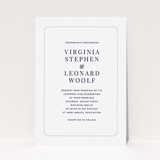 A personalised wedding invite named "Classic face". It is an A6 invite in a portrait orientation. "Classic face" is available as a flat invite, with tones of white and grey.