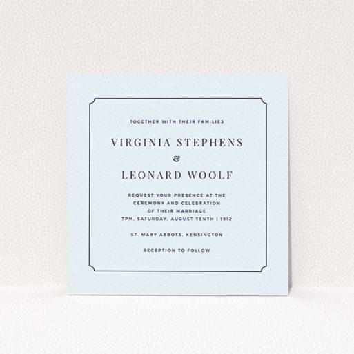 A personalised wedding invite template titled "Classic face". It is a square (148mm x 148mm) invite in a square orientation. "Classic face" is available as a flat invite, with mainly light blue colouring.