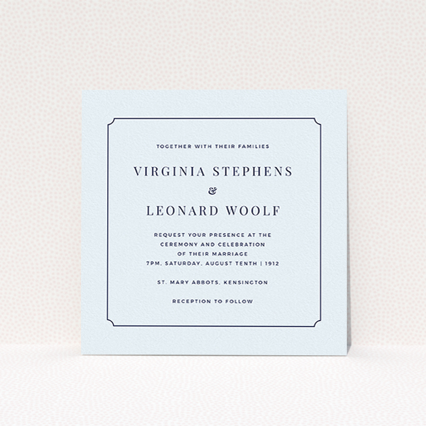 A personalised wedding invite template titled "Classic face". It is a square (148mm x 148mm) invite in a square orientation. "Classic face" is available as a flat invite, with mainly light blue colouring.