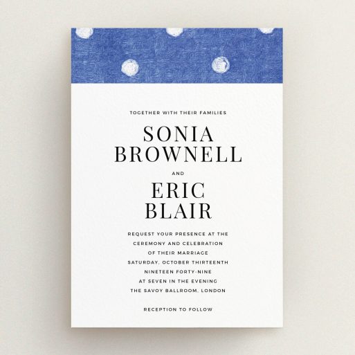 A personalised wedding invite design called "Cloth polkadots". It is an A5 invite in a portrait orientation. "Cloth polkadots" is available as a flat invite, with tones of blue and white.
