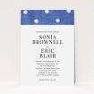 A personalised wedding invite design called "Cloth polkadots". It is an A5 invite in a portrait orientation. "Cloth polkadots" is available as a flat invite, with tones of blue and white.