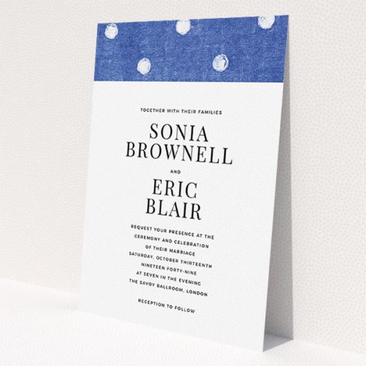 A personalised wedding invite design called 'Cloth polkadots'. It is an A5 invite in a portrait orientation. 'Cloth polkadots' is available as a flat invite, with tones of blue and white.