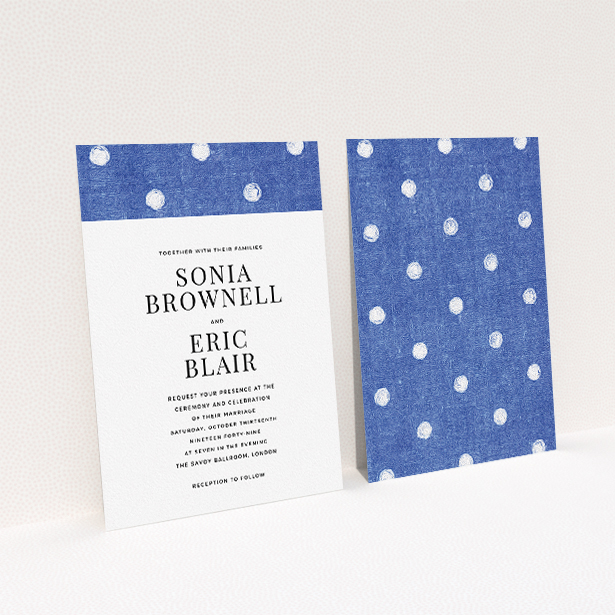 A personalised wedding invite design called "Cloth polkadots". It is an A5 invite in a portrait orientation. "Cloth polkadots" is available as a flat invite, with tones of blue and white.