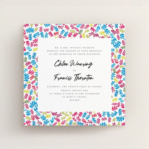 A personalised wedding invite named "Cut Out-esque Frame". It is a square (148mm x 148mm) invite in a square orientation. "Cut Out-esque Frame" is available as a flat invite, with tones of white and blue.