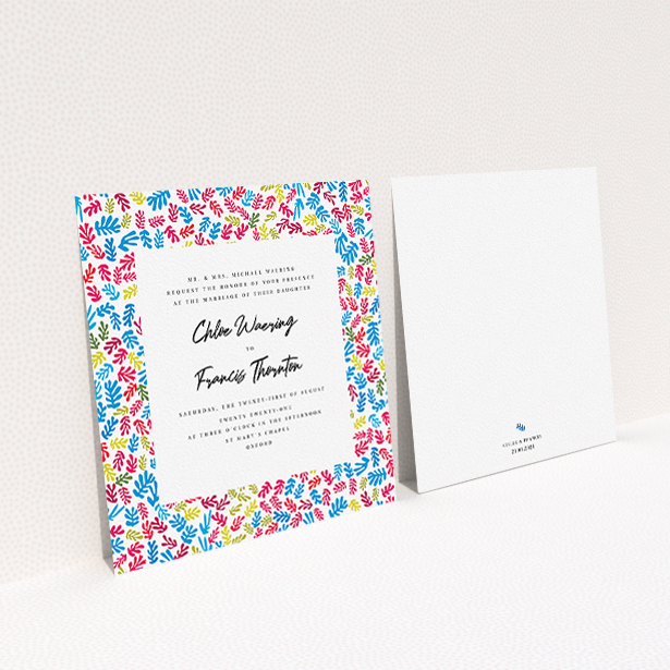 A personalised wedding invite named "Cut Out-esque Frame". It is a square (148mm x 148mm) invite in a square orientation. "Cut Out-esque Frame" is available as a flat invite, with tones of white and blue.