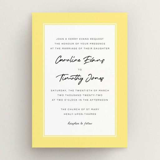 A personalised wedding invite template titled "Daisy Yellow". It is an A5 invite in a portrait orientation. "Daisy Yellow" is available as a flat invite, with tones of yellow and white.