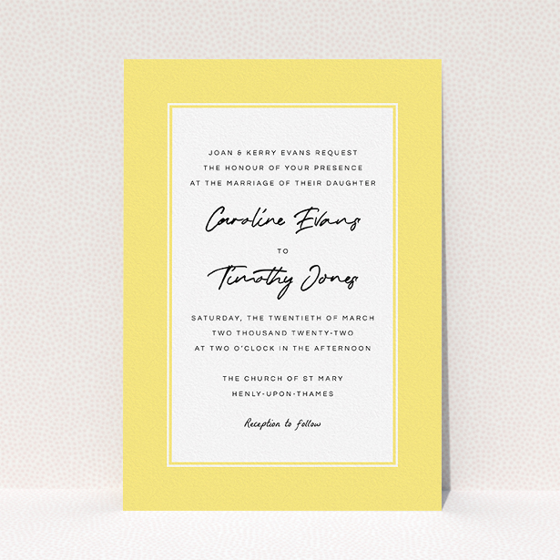 A personalised wedding invite template titled "Daisy Yellow". It is an A5 invite in a portrait orientation. "Daisy Yellow" is available as a flat invite, with tones of yellow and white.