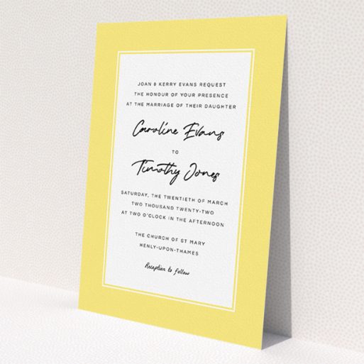 A personalised wedding invite template titled 'Daisy Yellow'. It is an A5 invite in a portrait orientation. 'Daisy Yellow' is available as a flat invite, with tones of yellow and white.