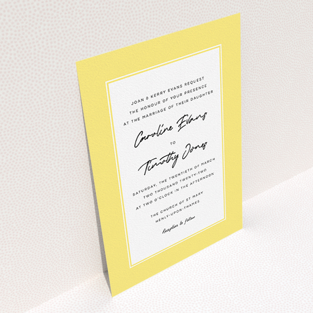 A personalised wedding invite template titled "Daisy Yellow". It is an A5 invite in a portrait orientation. "Daisy Yellow" is available as a flat invite, with tones of yellow and white.