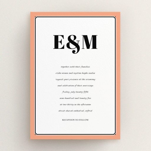 A personalised wedding invite design called "Deco orange". It is an A5 invite in a portrait orientation. "Deco orange" is available as a flat invite, with tones of orange and black.