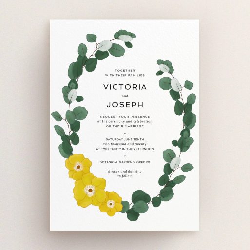 A personalised wedding invite design titled "Eucalyptus Arrangement". It is an A5 invite in a portrait orientation. "Eucalyptus Arrangement" is available as a flat invite, with tones of dark green and yellow.