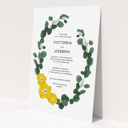 A personalised wedding invite design titled 'Eucalyptus Arrangement'. It is an A5 invite in a portrait orientation. 'Eucalyptus Arrangement' is available as a flat invite, with tones of dark green and yellow.