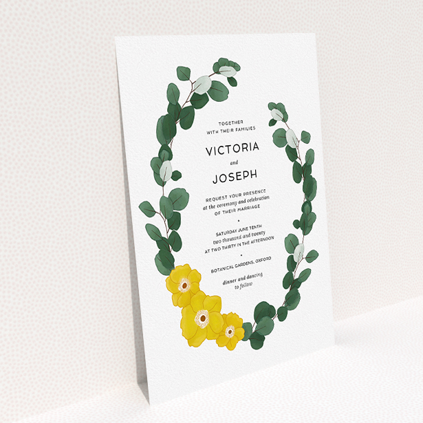 A personalised wedding invite design titled "Eucalyptus Arrangement". It is an A5 invite in a portrait orientation. "Eucalyptus Arrangement" is available as a flat invite, with tones of dark green and yellow.