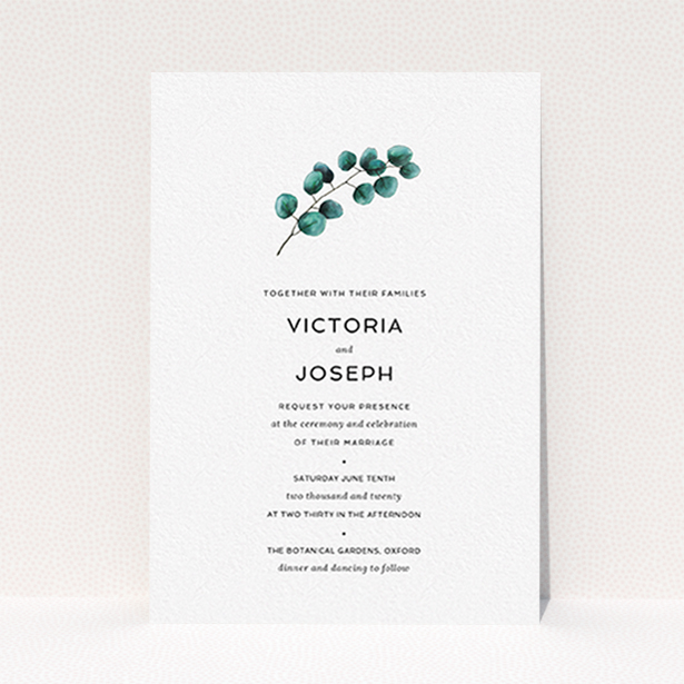 A personalised wedding invite named "Eucalyptus Central". It is an A6 invite in a portrait orientation. "Eucalyptus Central" is available as a flat invite, with tones of white and green.