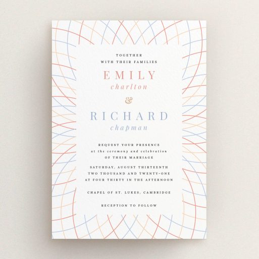 A personalised wedding invite named "Figure Lines". It is an A5 invite in a portrait orientation. "Figure Lines" is available as a flat invite, with tones of white, orange and red.