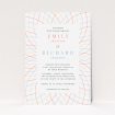 A personalised wedding invite named "Figure Lines". It is an A5 invite in a portrait orientation. "Figure Lines" is available as a flat invite, with tones of white, orange and red.
